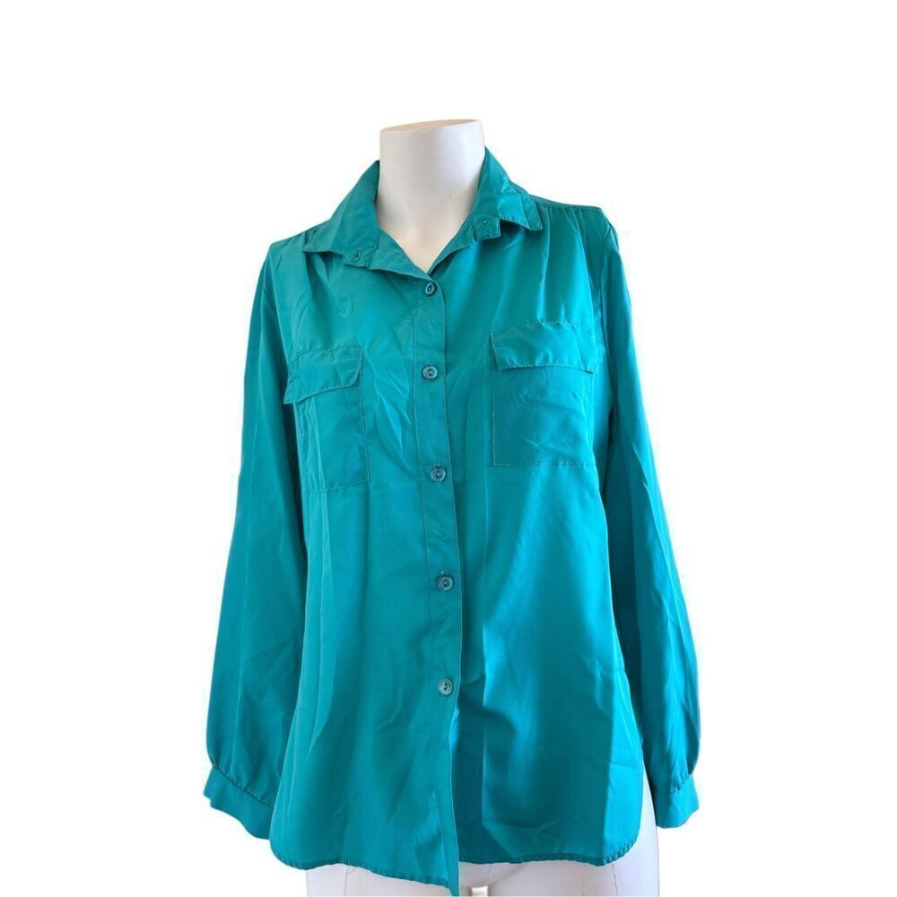 Lori women’s L button up vintage 70s button up teal green long sleeve blouse